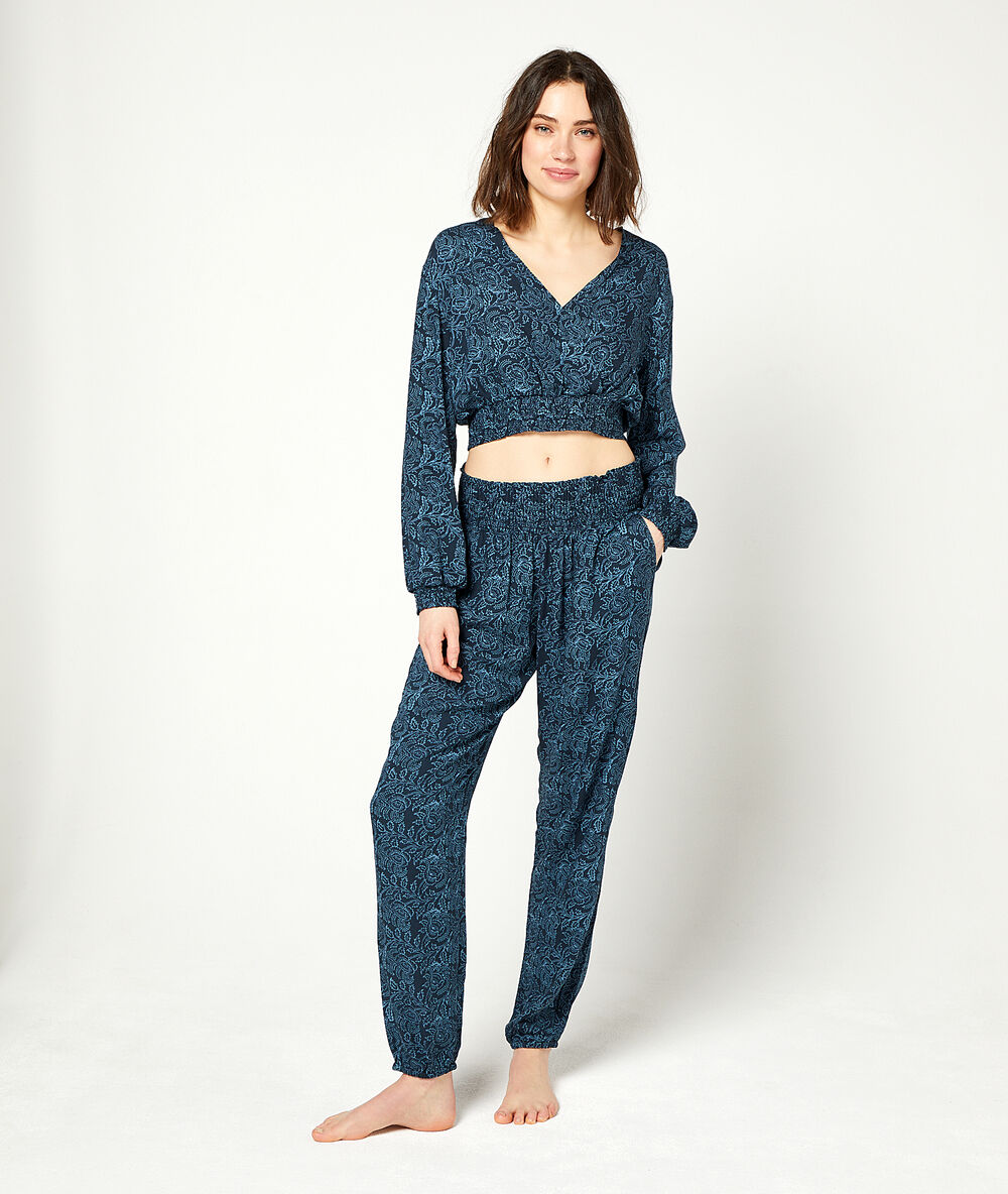 Pantalon smocké imprimé marine.