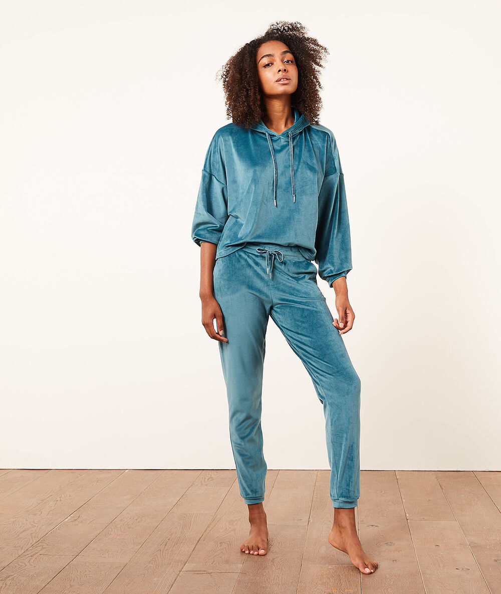 Pantalon jogger en velours bleu canard.