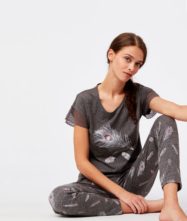 T-shirt manche dentelle imprimé plume anthracite.
