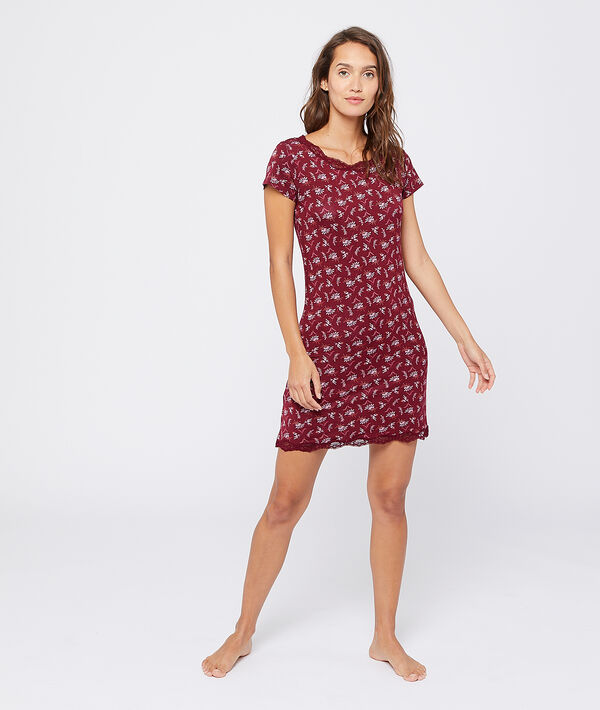 Nuisette imprimé fleuri décolleté dentelle bordeaux.