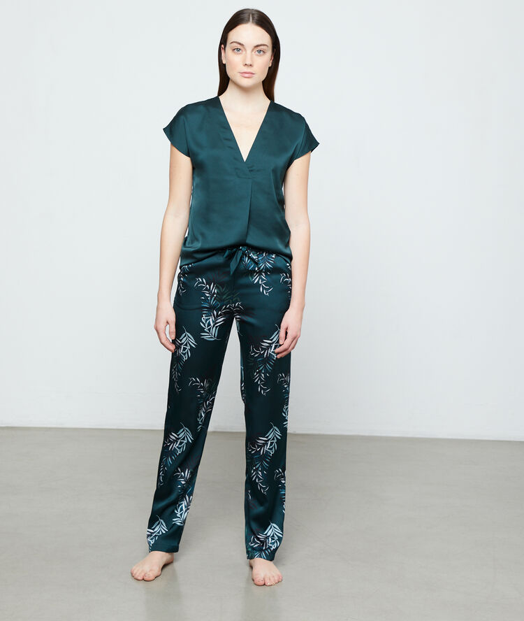 Pantalon satiné imprimé feuillage vert sapin.