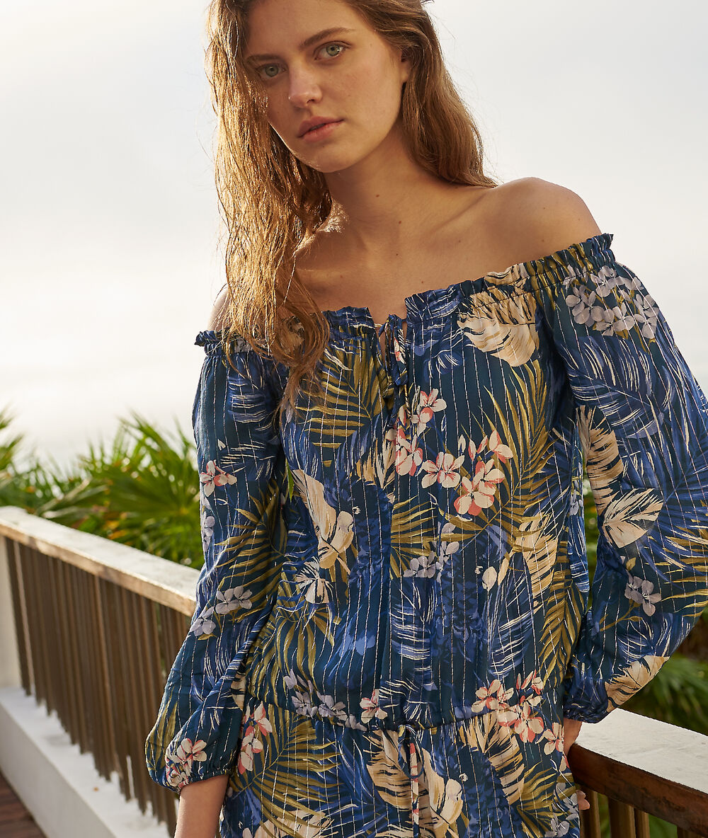 Tunique de plage, imprimé tropical multicolore.