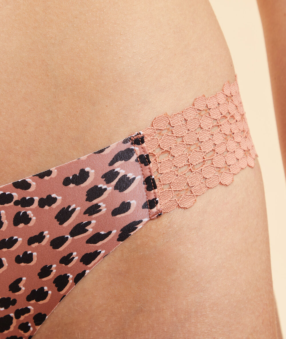 Culotte imprimée en microfibre et dentelle chocolat.