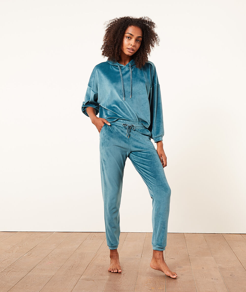 Pantalon jogger en velours bleu canard.