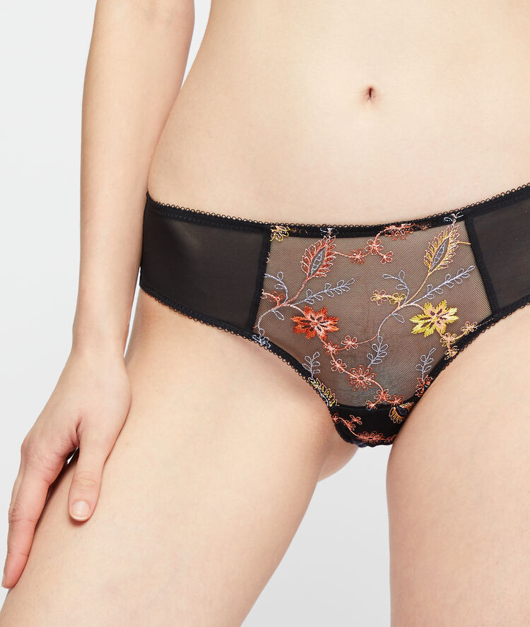 Shorty à broderies florales noir.