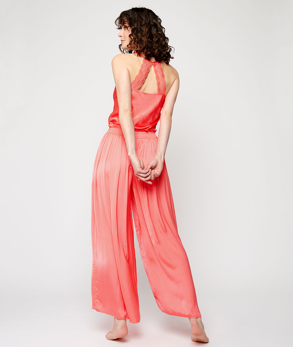 Pantalon ample ceinture smockée corail.