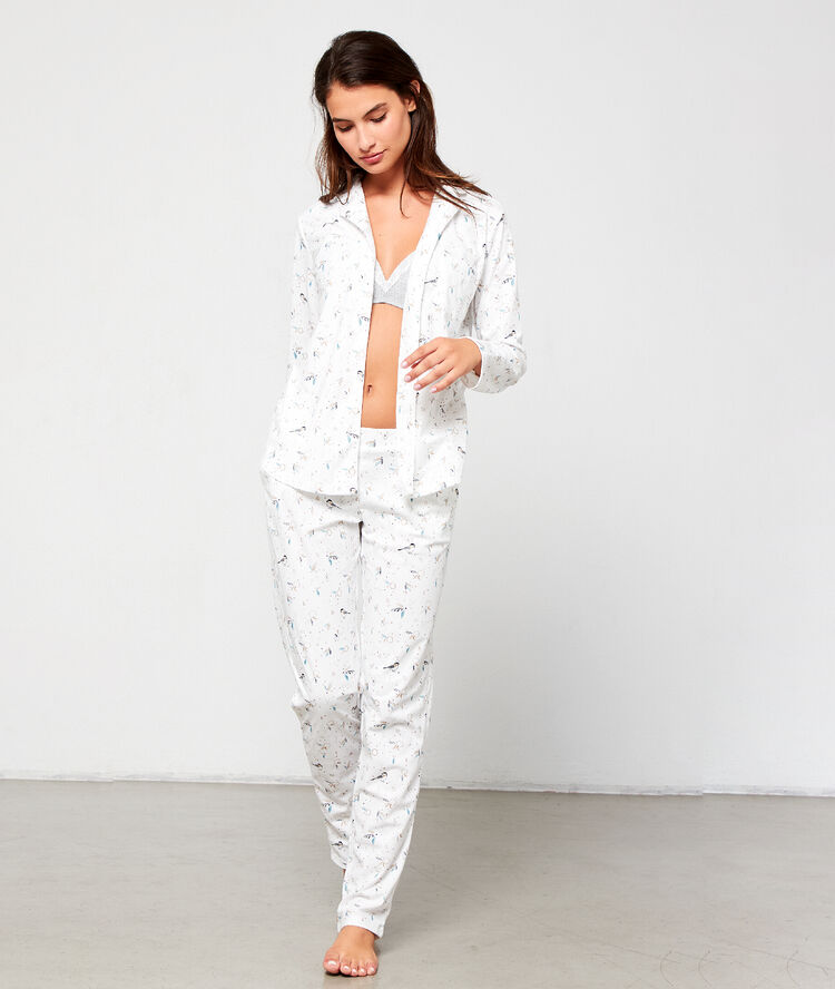Chemise de pyjama imprimé oiseaux ecru.