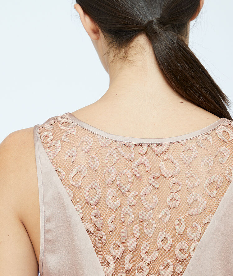 Top satiné dos dentelle léopard beige rose.