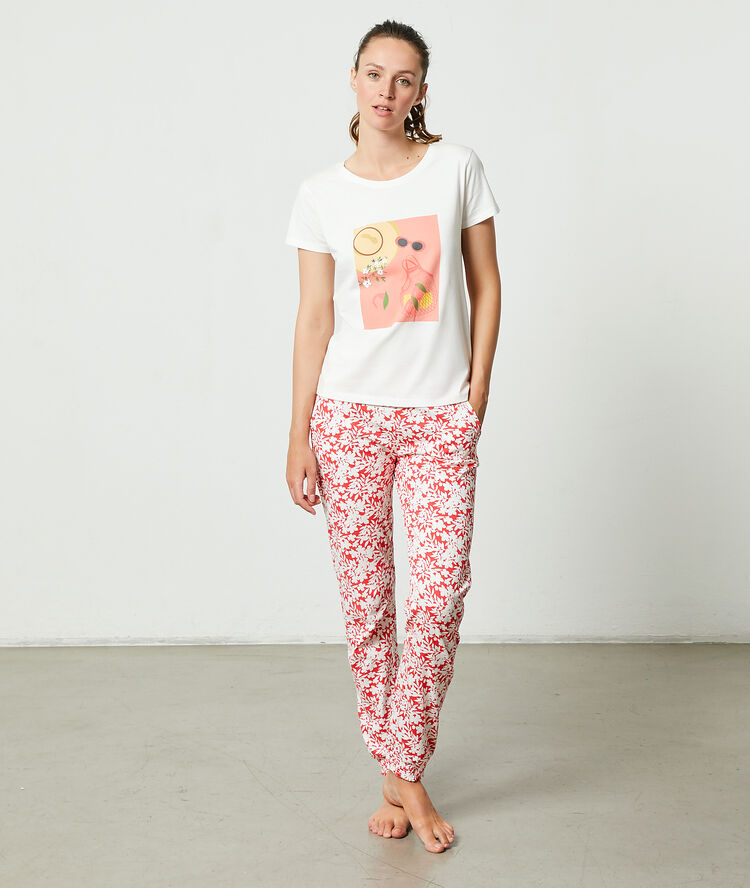 Pantalon imprimé floral corail.
