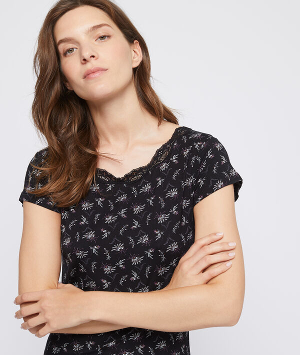 Nuisette imprimé fleuri décolleté dentelle noir.