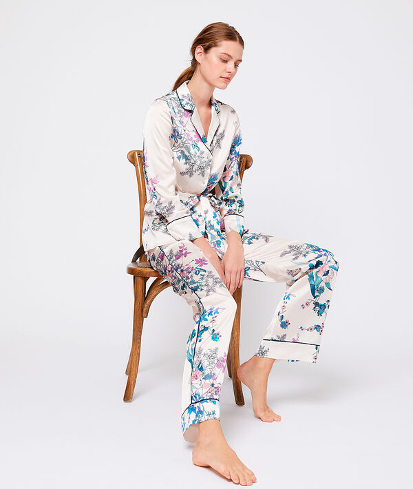 Pantalon satin imprimé fleuri ecru.