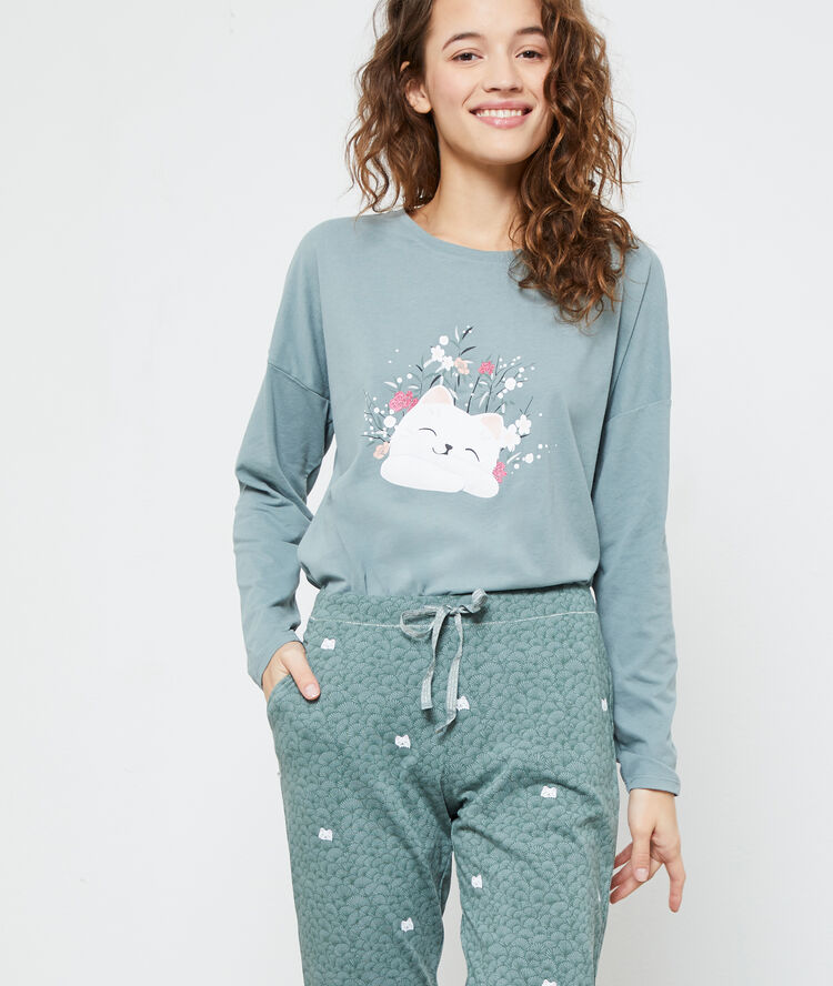 Pantalon imprimé chat kaki.