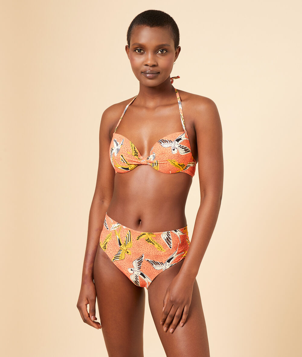 Bas de bikini taille haute, multipositions corail.