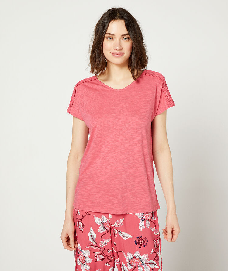 T-shirt détails guipure corail.