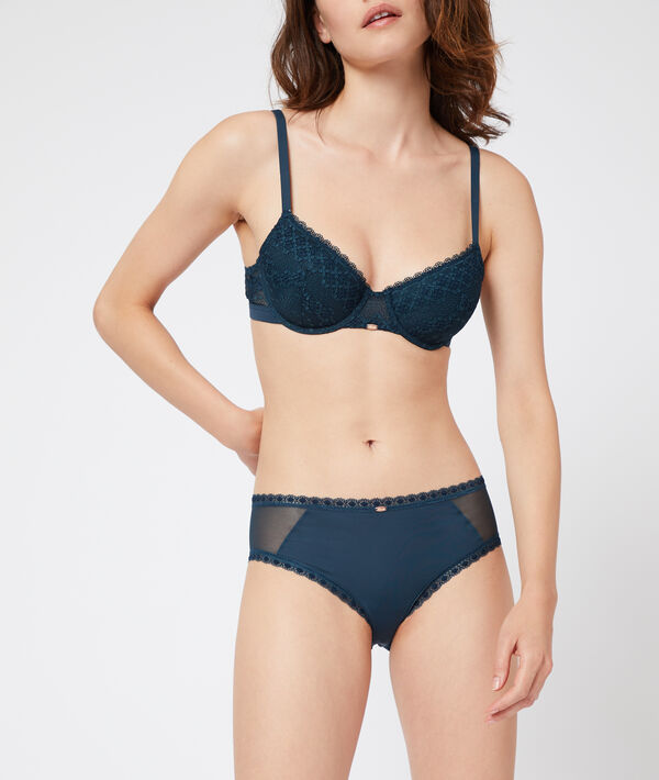 Shorty dentelle et microfibre bleu.