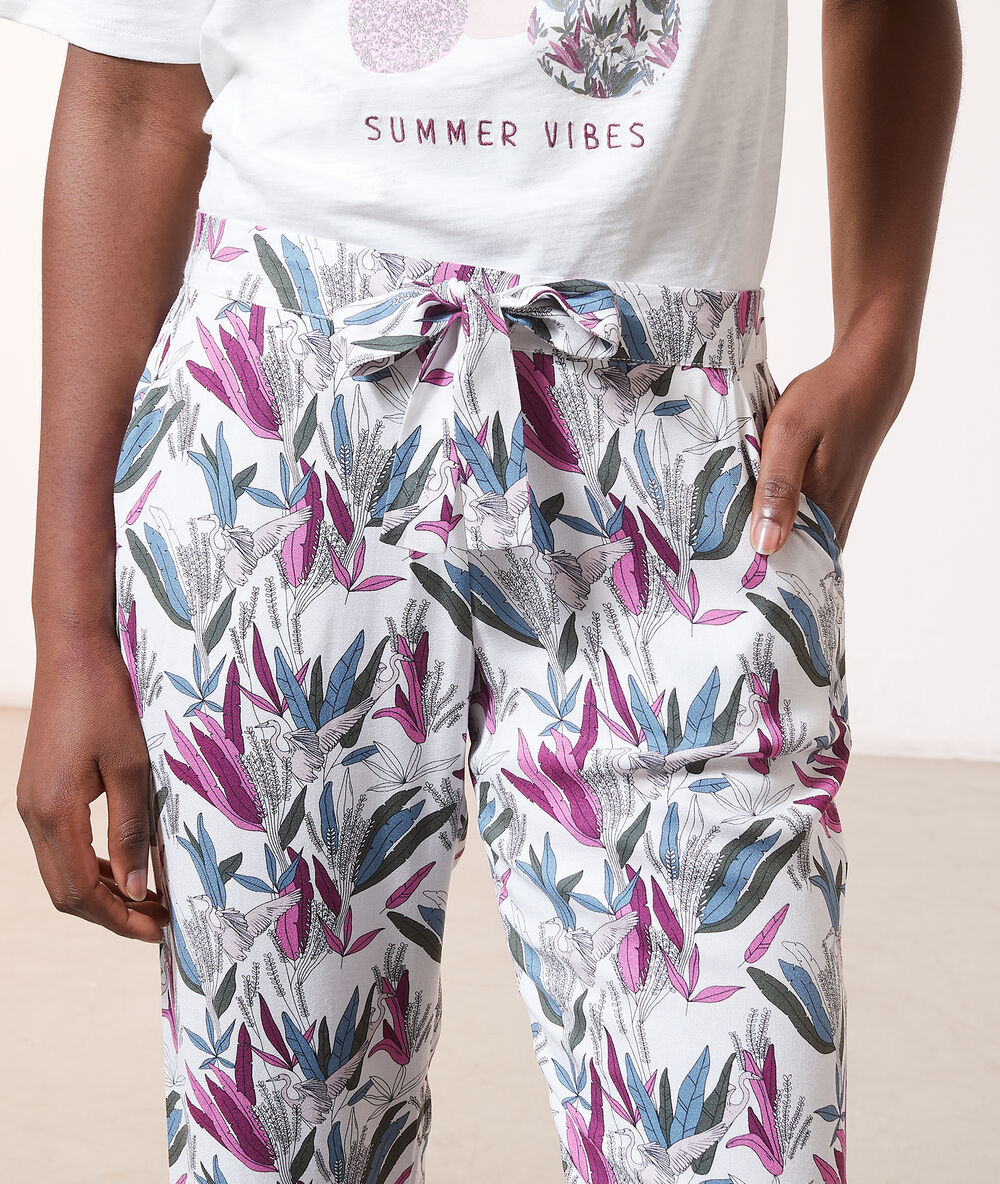 Pantalon de pyjama imprimé fleuri ecru.