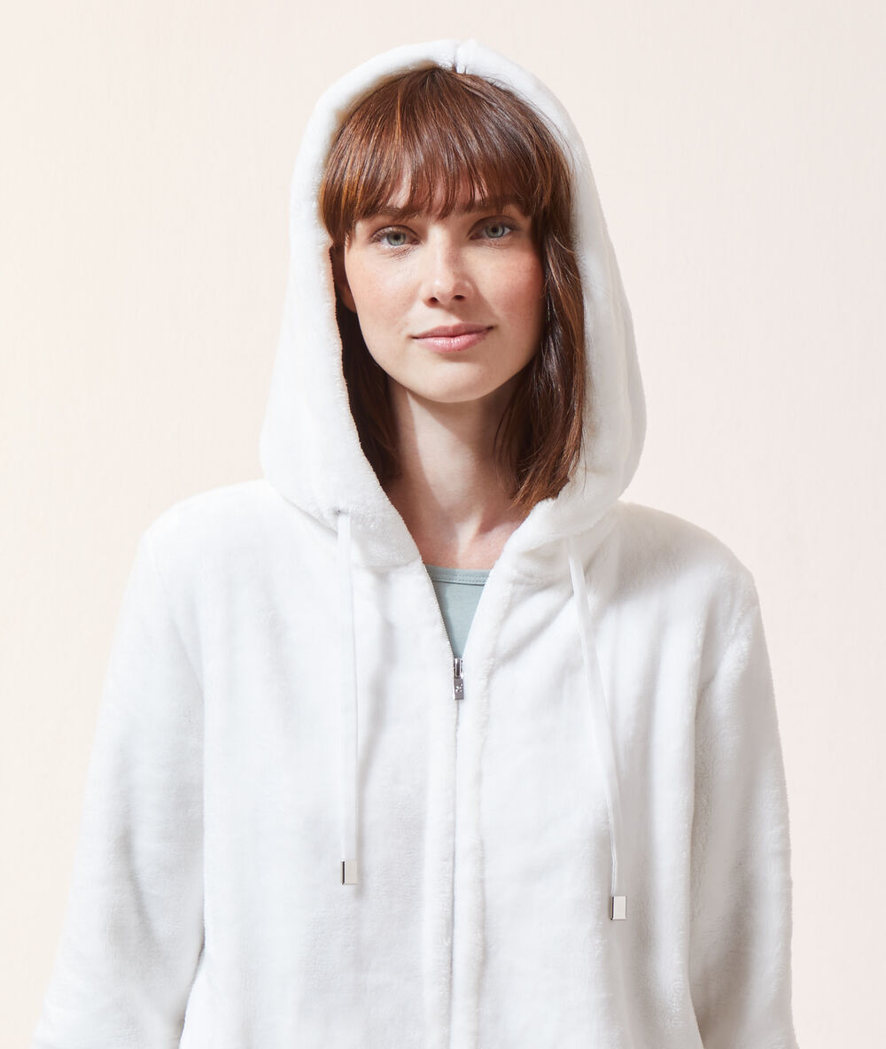 Veste polaire à capuche homewear ecru.