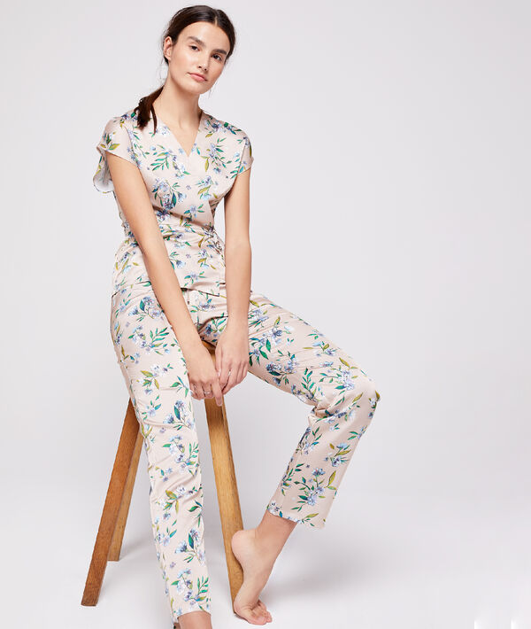 Pantalon satin imprimé beige rose.