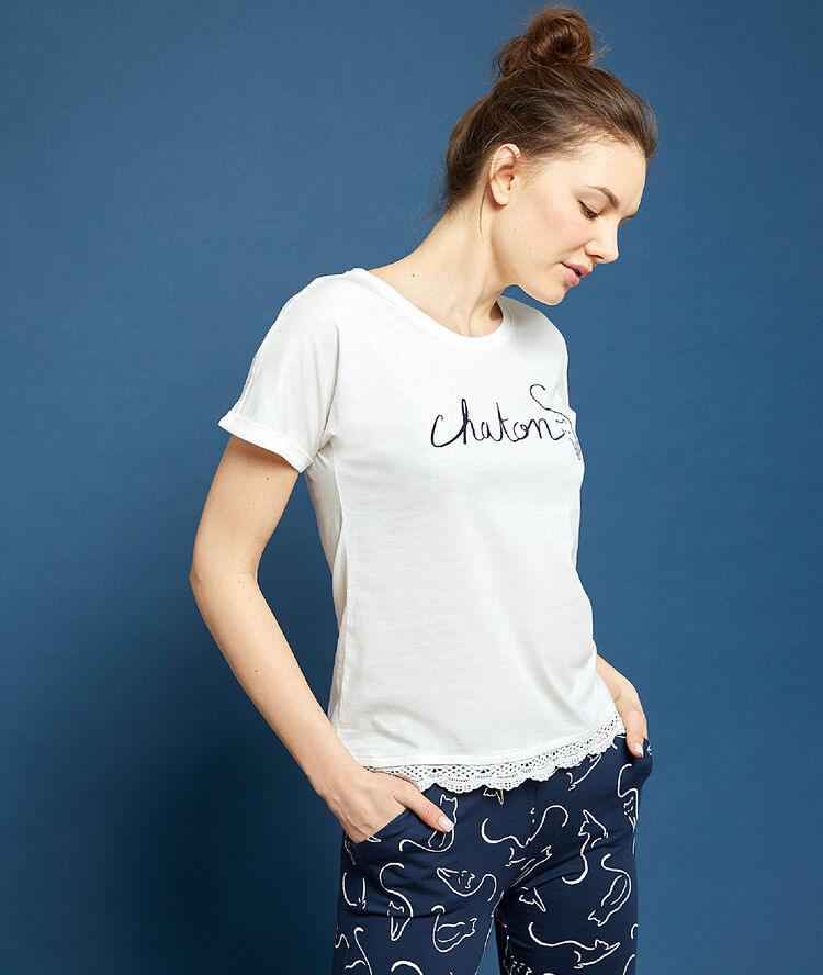 T-shirt imprimé "chaton" ecru.