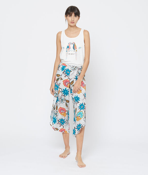 Pantalon capri imprimé bas échancré bleu.