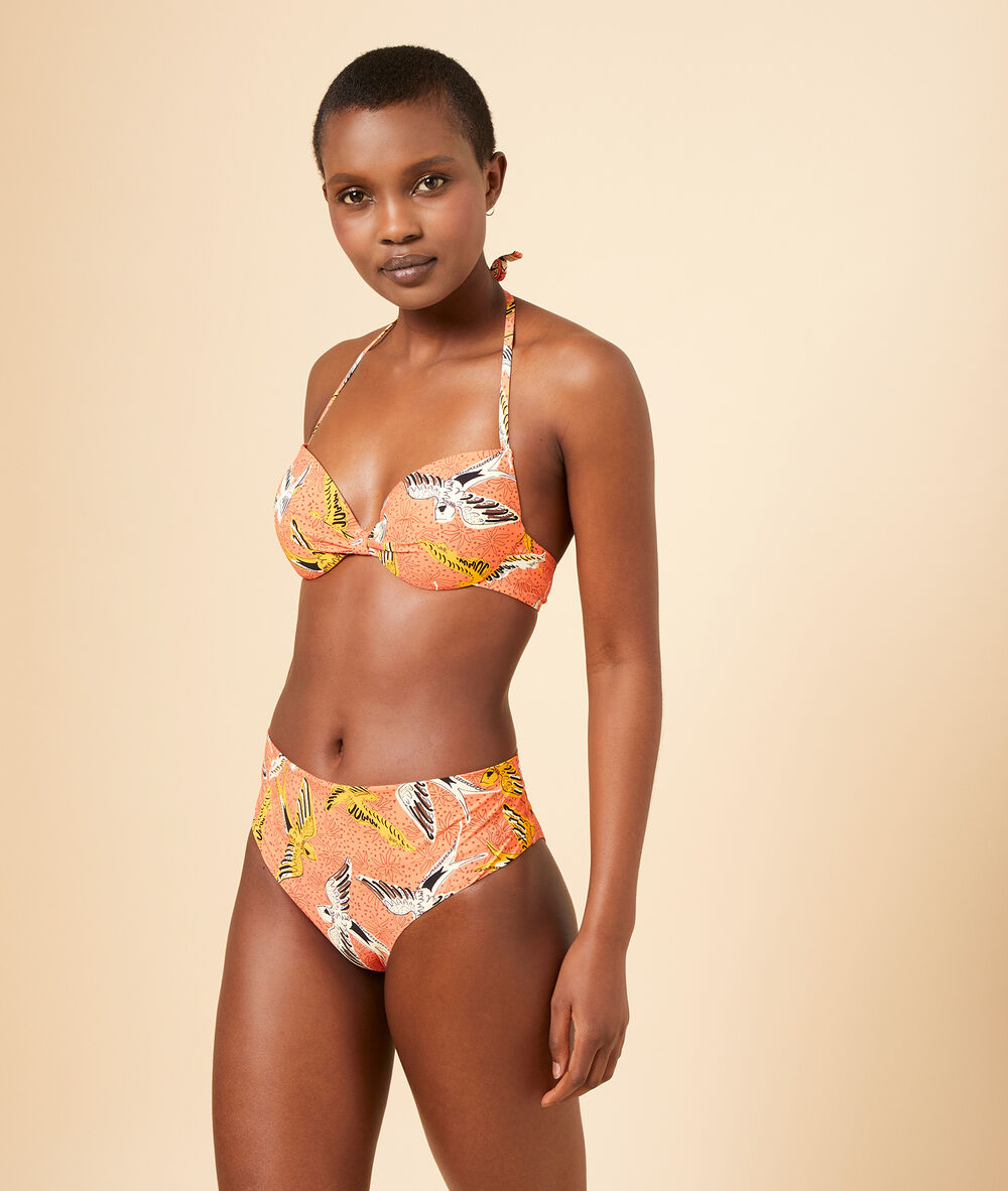 Bas de bikini taille haute, multipositions corail.