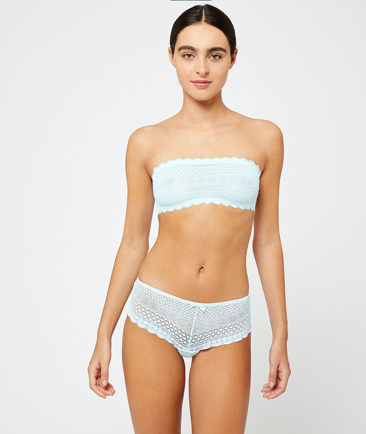 Soutien-gorge bandeau en dentelle bleu ciel.