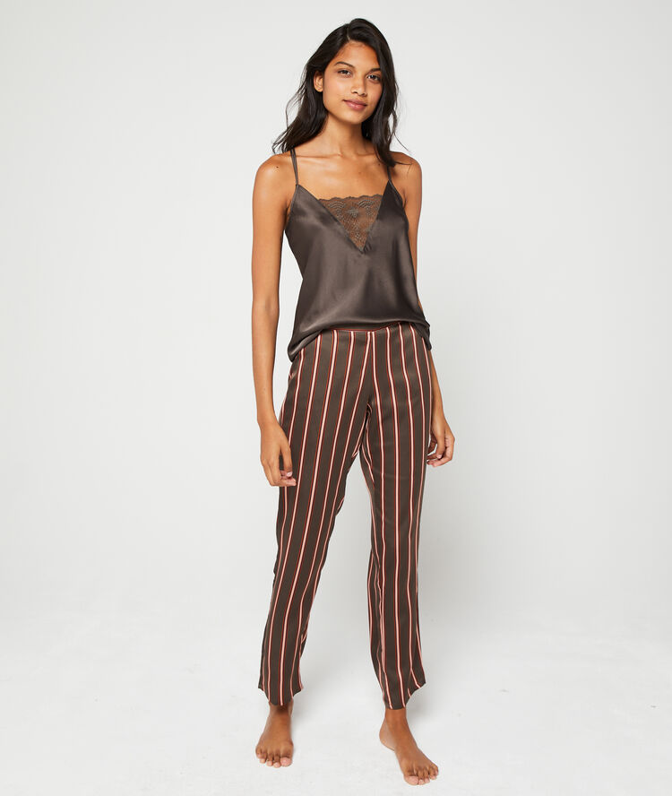 Pantalon satiné à rayures taupe.