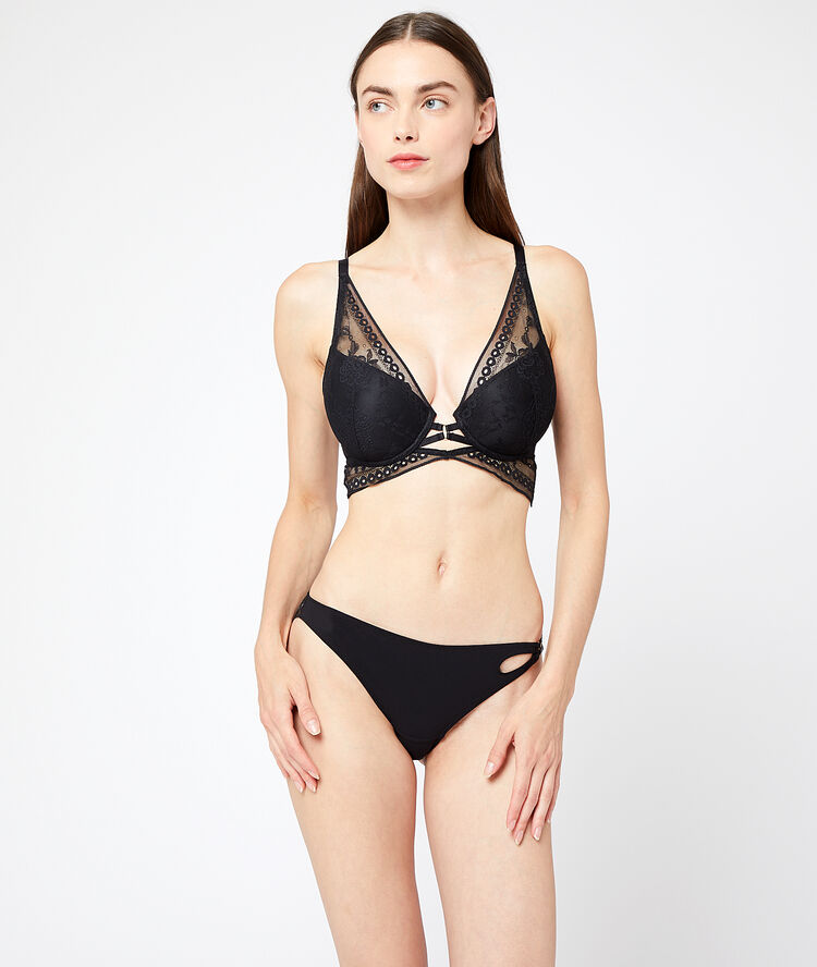 Soutien-gorge n°6 - triangle naturel en dentelle à liens noir.