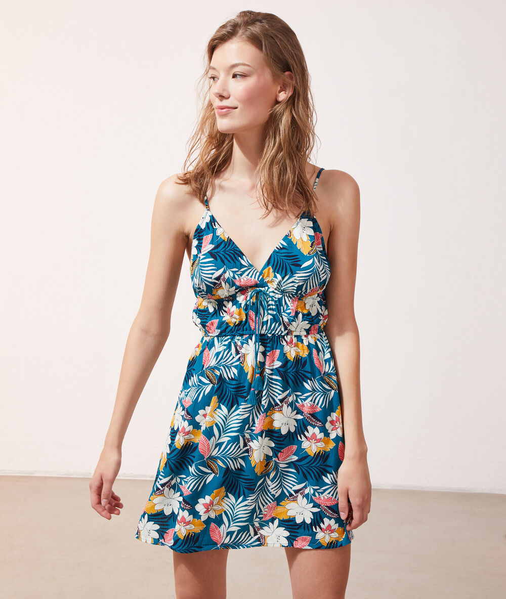 Robe imprimé floral bleu canard.