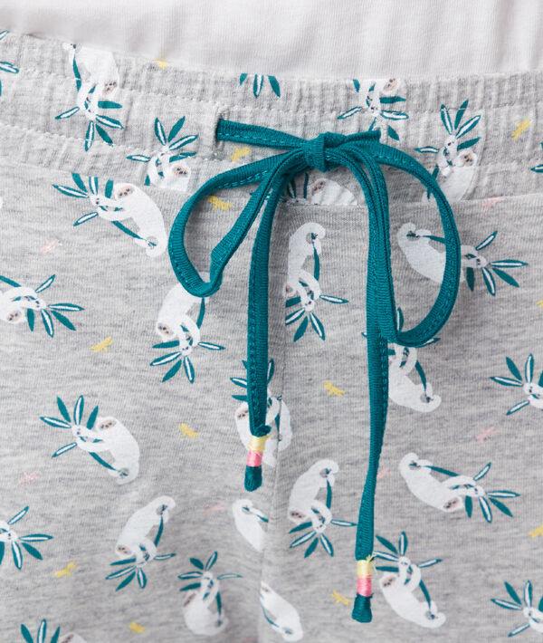 Pantalon imprimé paresseux en coton bio gris.