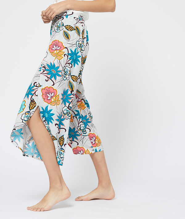 Pantalon capri imprimé bas échancré bleu.