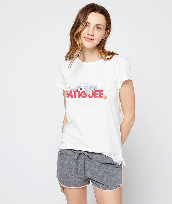 T-shirt imprimé chien message " fatiguée" ecru.