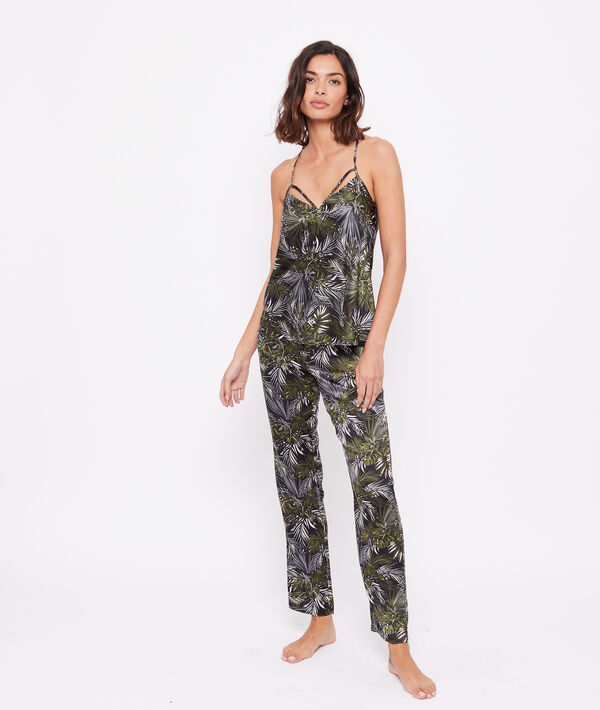 Pantalon satiné imprimé feuillage noir.