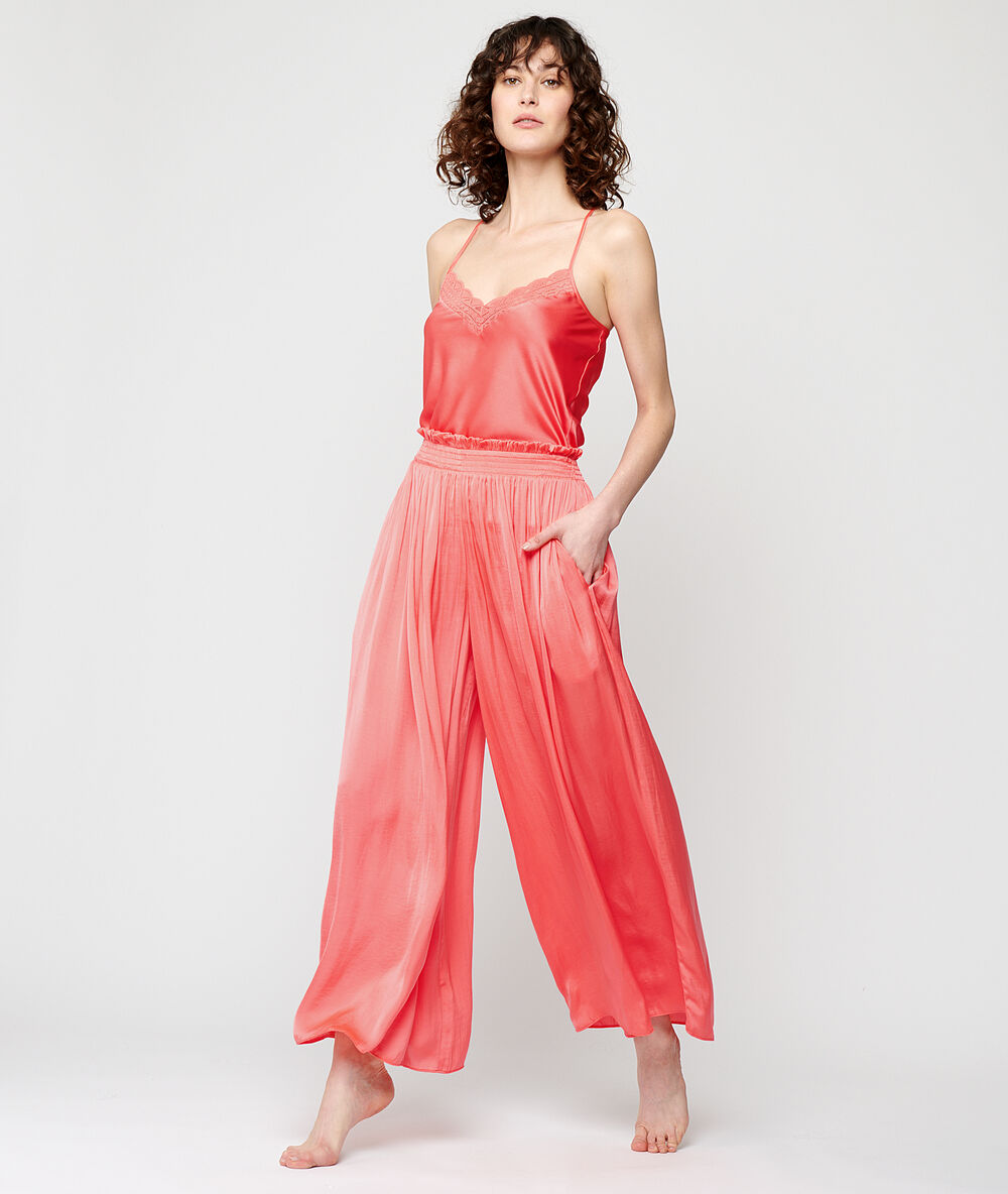 Pantalon ample ceinture smockée corail.