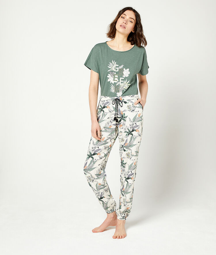 Pantalon imprimé feuillage à nouer ecru.