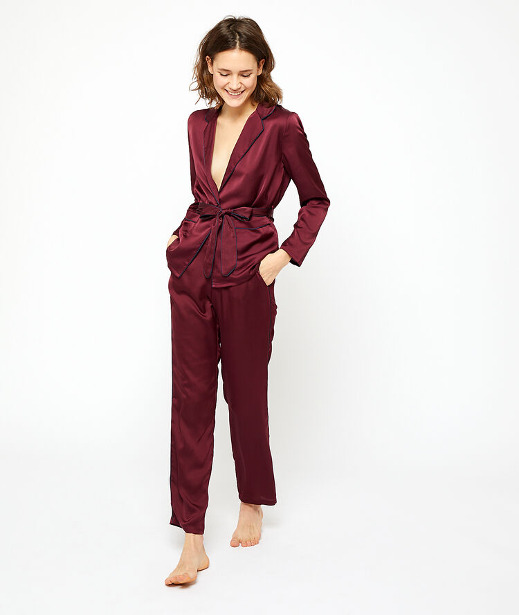 Pantalon satiné bordeaux grenat.
