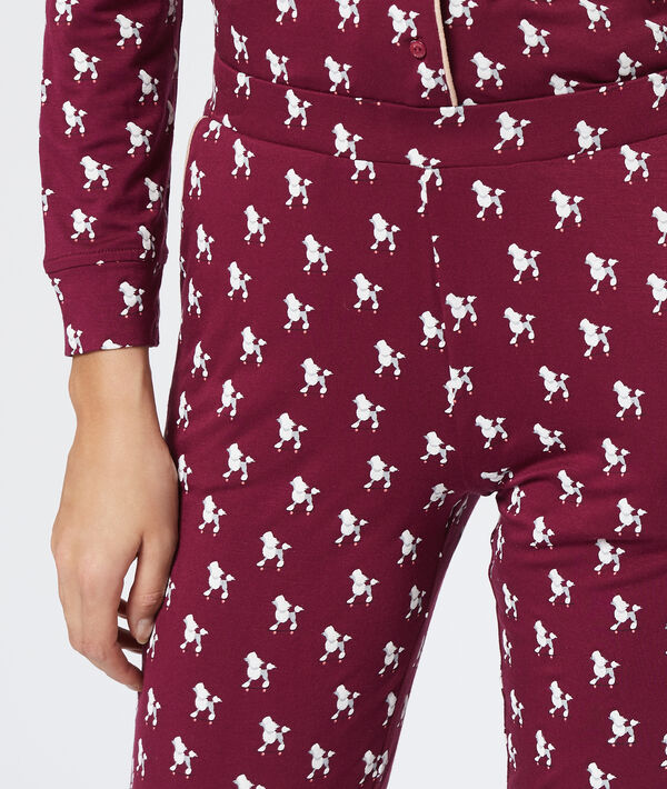 Pantalon imprimé caniche bordeaux.