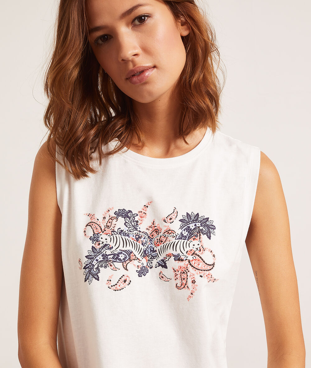 Top manches courtes imprimé bandana ecru.