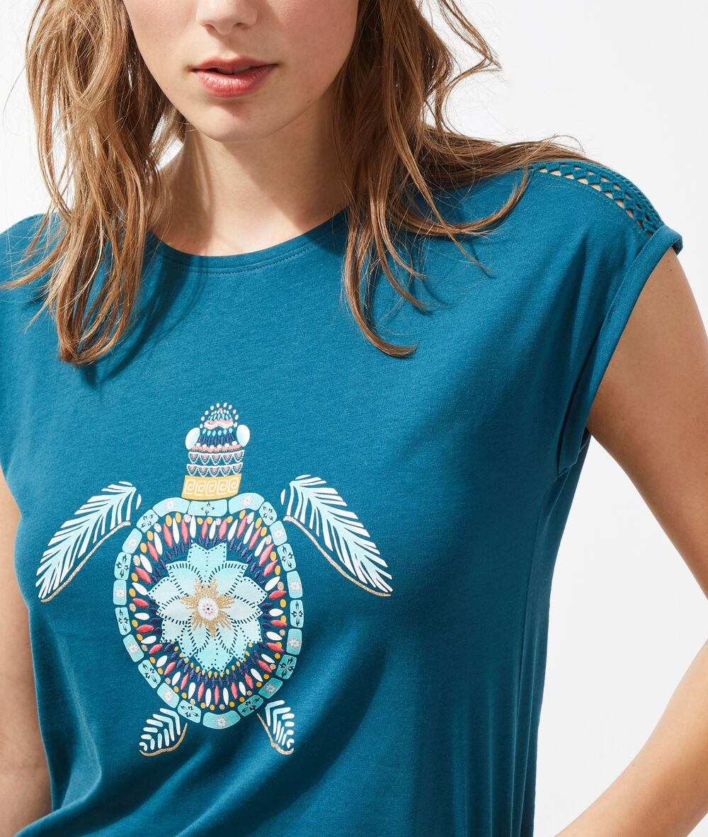 Top imprimé tortue bleu canard.
