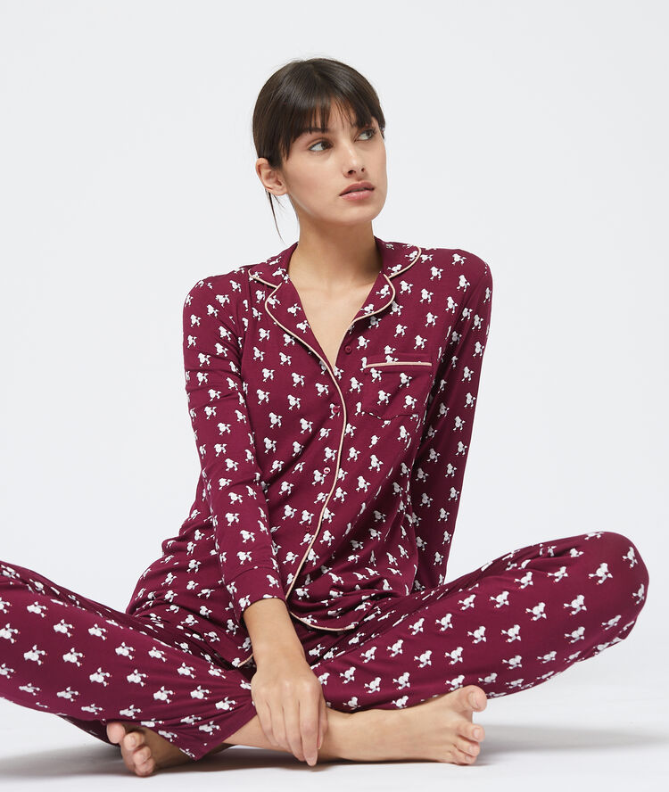 Chemise pyjama d'homme imprimé caniche bordeaux.