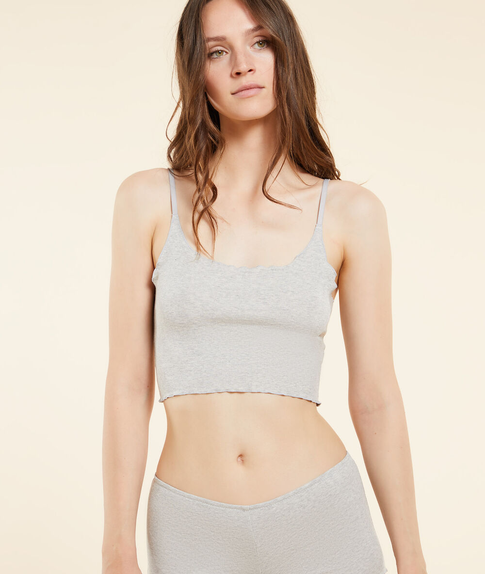 Crop top côtelé à bretelles, teinture végétale gris clair.