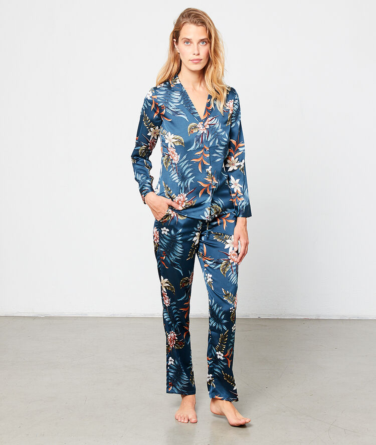 Pantalon satiné imprimé bleu.