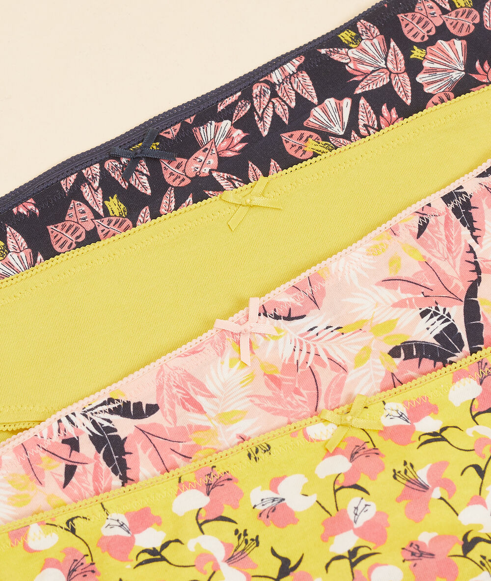 Lot de 4 culottes en coton imprimé jaune soleil.