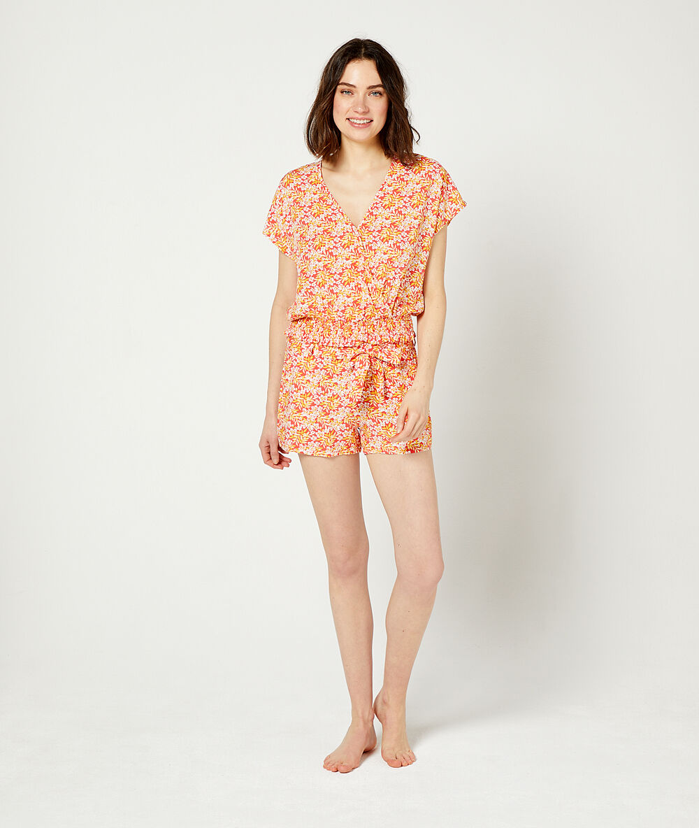 Top smocké imprimé fleuri corail.