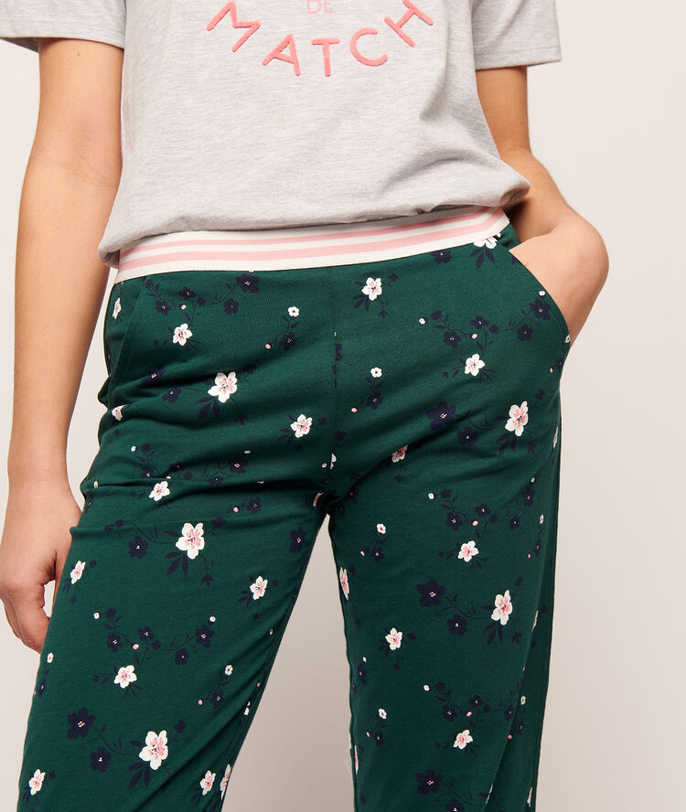 Pantalon imprimé petites fleurs vert fonce.