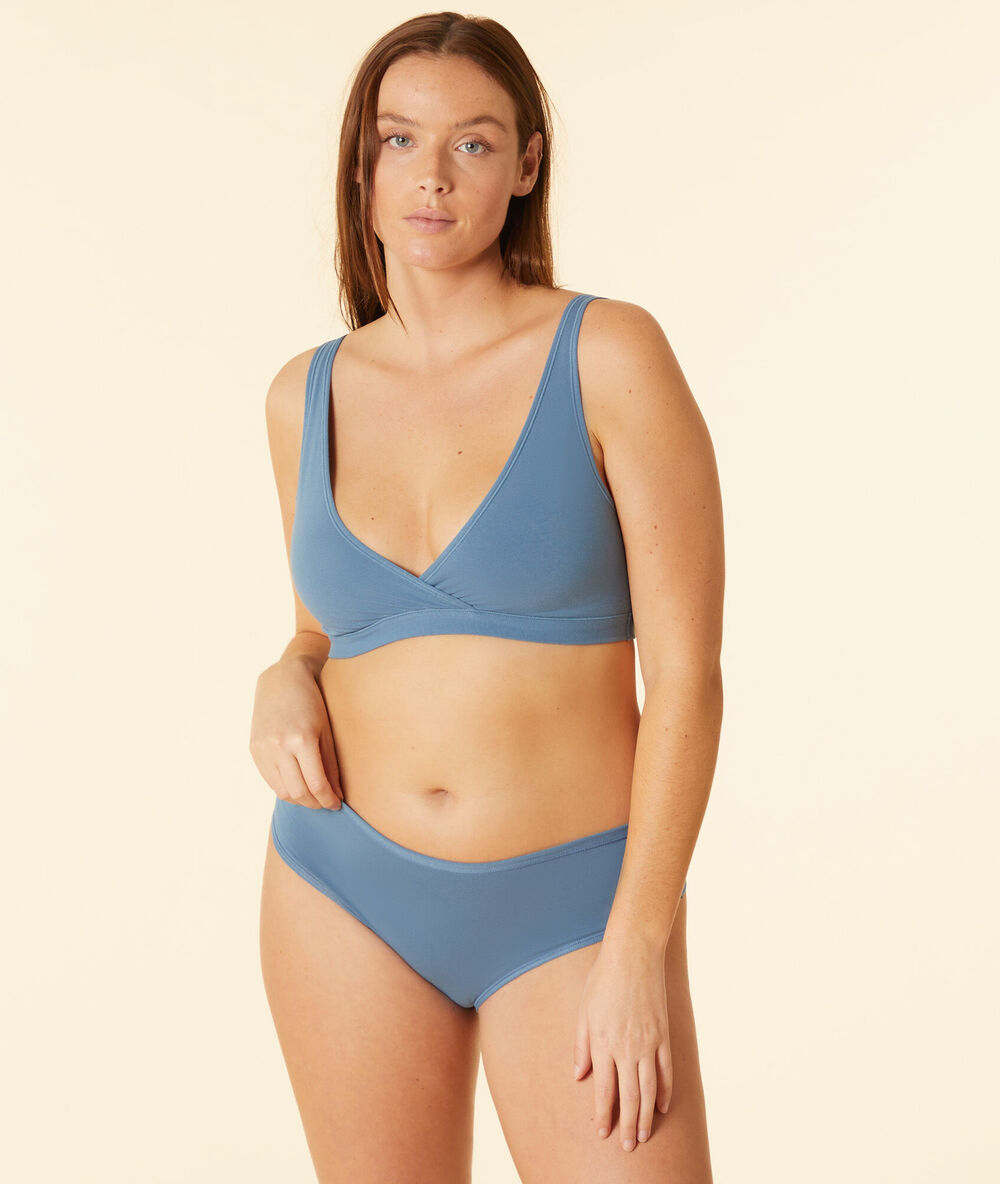 Brassière réversible en coton bio extensible bleu.