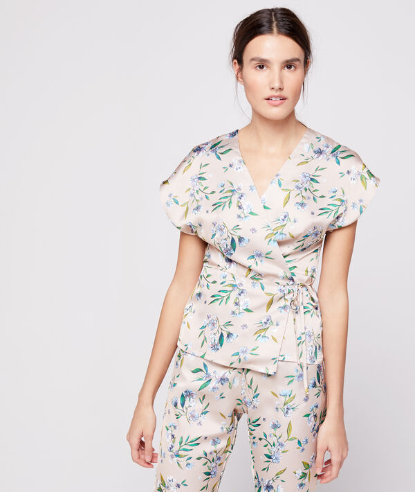 Top cache-coeur satin imprimé beige rose.