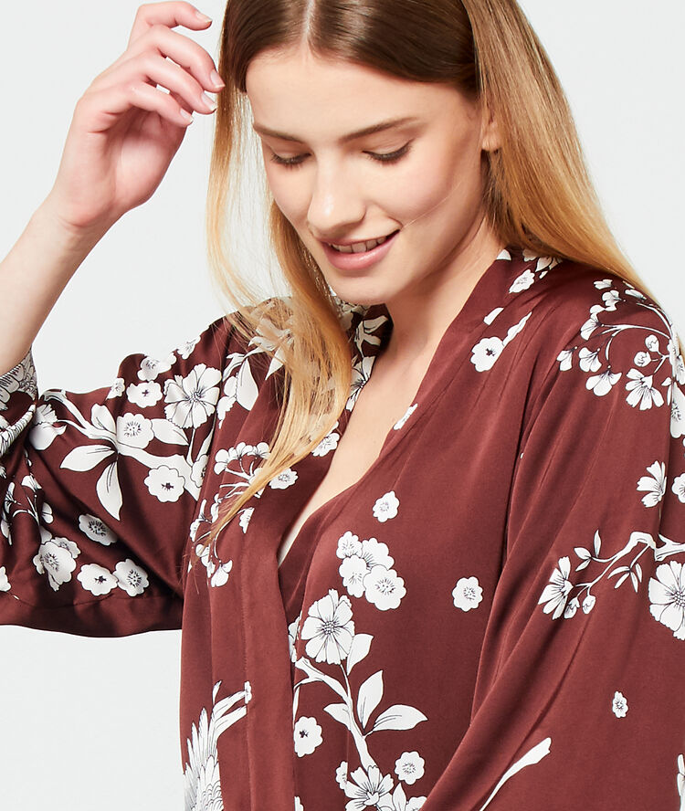 Kimono satiné chaud doublure doudou marron.