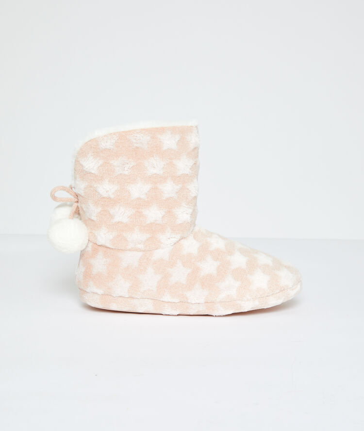 Chaussons bottines fourrées à pompons rose.