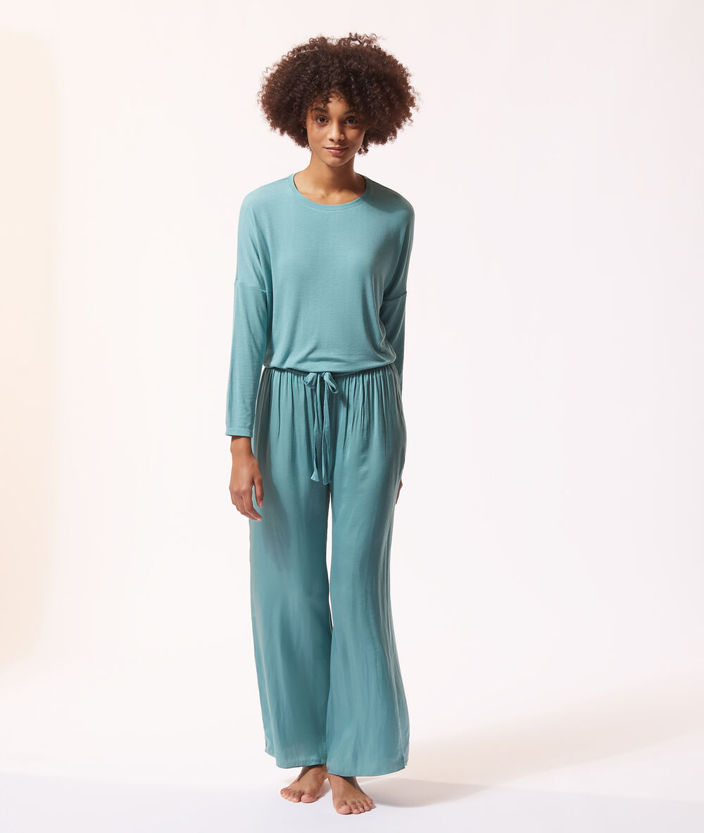 Pantalon à nouer bleu vert.